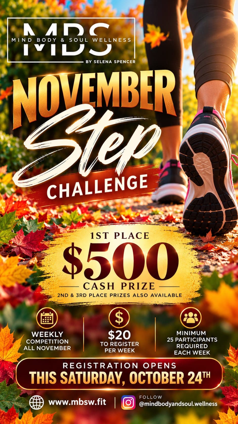MBSW November Step Challenge flyer: 1st place $500 cash prize, $20 to register per week, weekly competition all November, registration opens Saturday, October 24th.